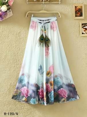 Flower Digital Print Silk Ladies Sky Blue Skirt