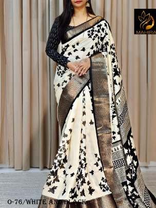 Flowers Design Handloom Silk White and Black Saree