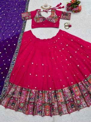 Foux Georgette Thread With Sequence Work Pink Navratri Lehenga