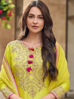 Fox Georgette Lime Yellow Embroidery Work Palazzo Suit