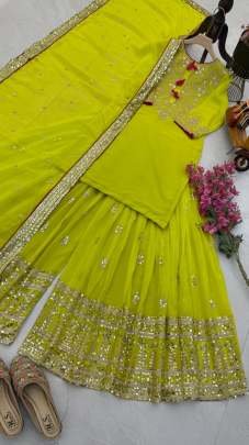 Fox Georgette Lime Yellow Embroidery Work Palazzo Suit