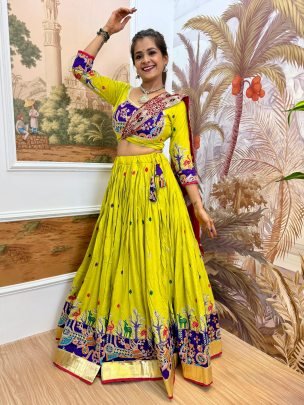 Full Embroidery Lemon Yellowish Navratri Lehenga 