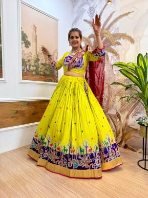 Full Embroidery Lemon Yellowish Navratri Lehenga