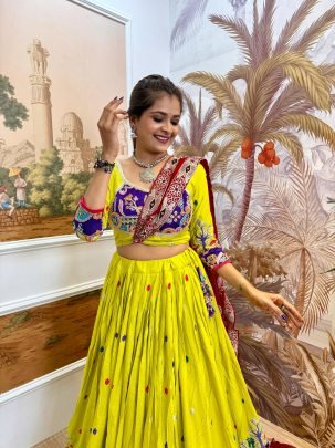 Full Embroidery Lemon Yellowish Navratri Lehenga