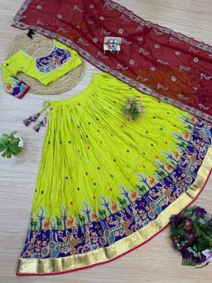 Full Embroidery Lemon Yellowish Navratri Lehenga