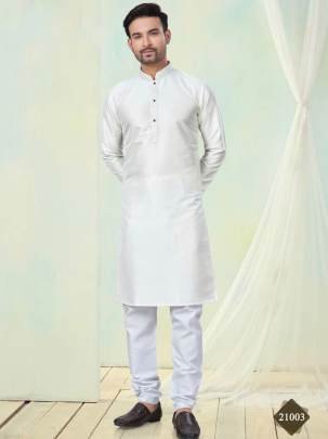 Full Sleeve White Plain Pure Silk Men Kurta With Bottom