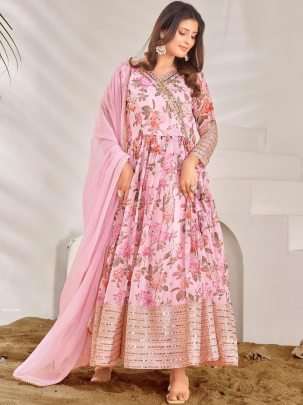 Fully Flared Georgette Digital Print Pink Gown 