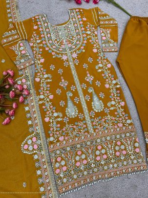 fully stitched faux georgette and heavy embroidery sequence work top bottom and dupatta set