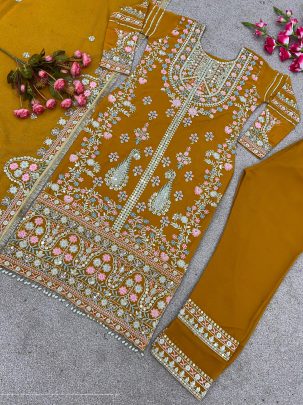 fully stitched faux georgette and heavy embroidery sequence work top bottom and dupatta set