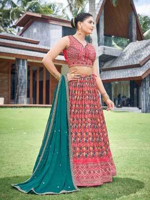 Gajri Rama Digital Printed  Geometric Lehenga Choli