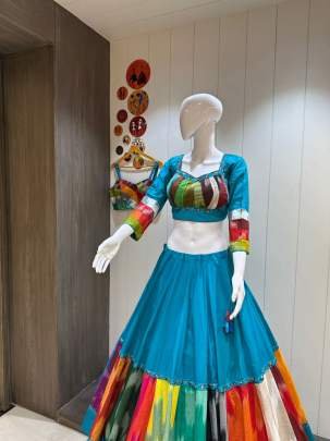 Gamthi Work 8 mtr Flair Chaniya Choli In Ikkat Cotton