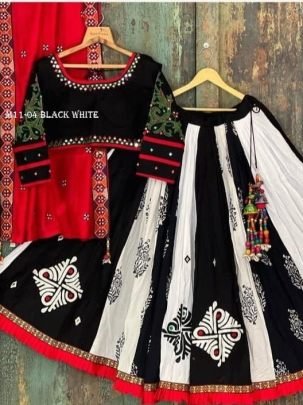 Garba Special White and Black Digital Printed Crepe Semi Stitched Lehenga Choli 