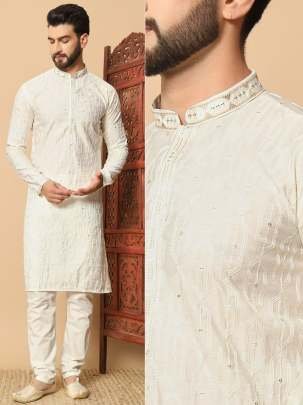 Gents Cream Traditional Silk Kurta With Cotton Pajama