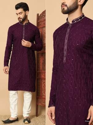 Gents Wine Wedding Wear Silk Kurta With Cotton Pajama