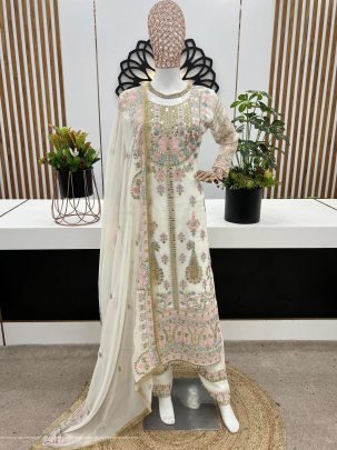 Georgette And Heavy Embroidery Sequence Work Top Bottom And Dupatta Set