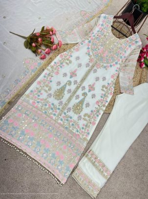 Georgette And Heavy Embroidery Sequence Work Top Bottom And Dupatta Set