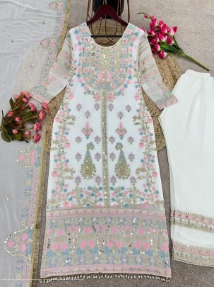Georgette And Heavy Embroidery Sequence Work Top Bottom And Dupatta Set