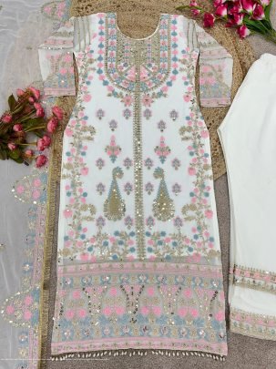 Georgette And Heavy Embroidery Sequence Work Top Bottom And Dupatta Set