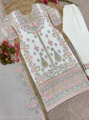 Georgette And Heavy Embroidery Sequence Work Top Bottom And Dupatta Set