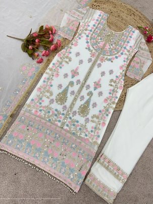 Georgette And Heavy Embroidery Sequence Work Top Bottom And Dupatta Set