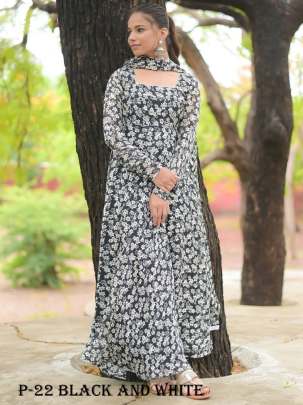 Georgette Black and White Flower Pattern Gown With Dupatta