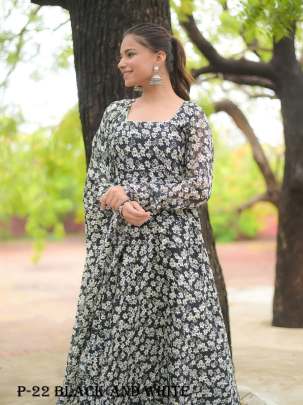 Georgette Black and White Flower Pattern Gown With Dupatta