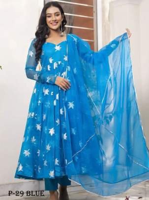 Georgette Blue Leaf Embroidered Work Suit With Dupatta