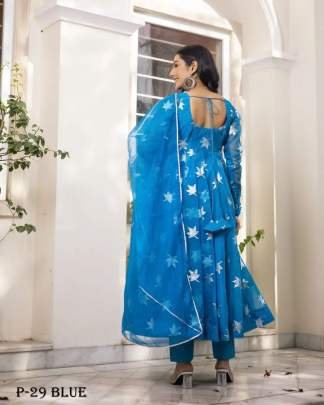 Georgette Blue Leaf Embroidered Work Suit With Dupatta