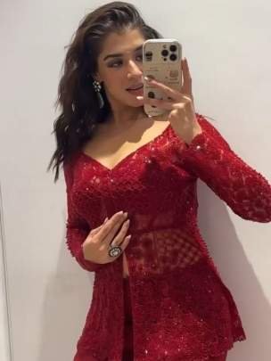 Georgette Embroidery Sequins Work Hot Red Blouse Palazzo With Shrug