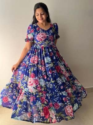 Georgette Flower Printed Frill Maxi Dress