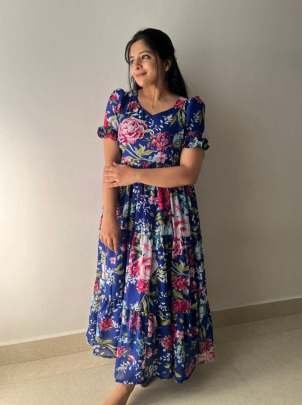 Georgette Flower Printed Frill Maxi Dress