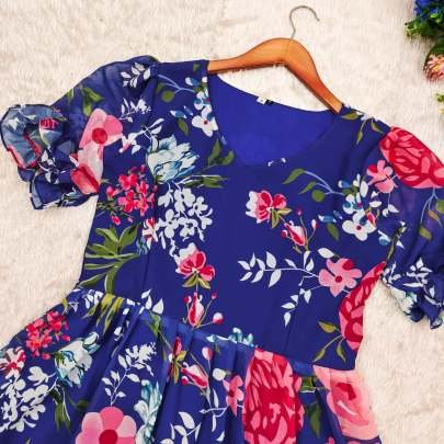 Georgette Flower Printed Frill Maxi Dress