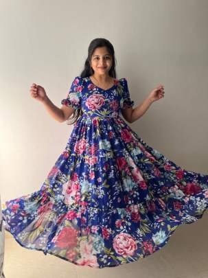 Georgette Flower Printed Frill Maxi Dress