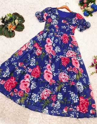 Georgette Flower Printed Frill Maxi Dress