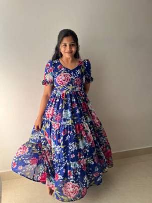 Georgette Flower Printed Frill Maxi Dress