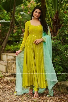 Georgette Neon Lime Anarkali Suit with Dupatta Set