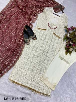 Georgette Red Embroidery Kurti   With  Heavy Dupatta