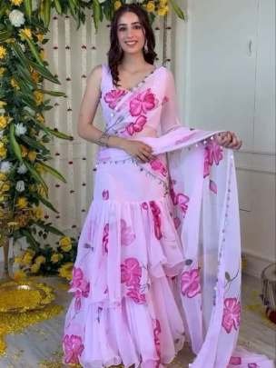 Georgette Ruflle Double Layed Pink Flower Printed Ready To Wear Saree