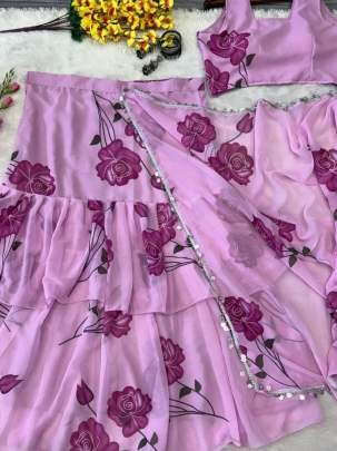 Georgette Ruflle Double Layed Pink Flower Printed Ready To Wear Saree