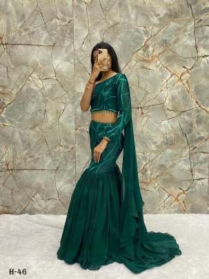 Georgette Ruffle Green Lehenga and blouse with attached dupatta