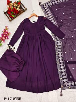 Georgette Wine Lakhnavi Kurti Pant Set With Dupatta