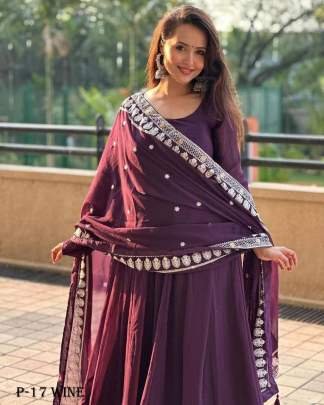Georgette Wine Lakhnavi Kurti Pant Set With Dupatta