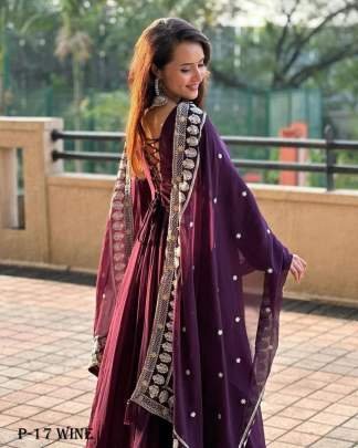 Georgette Wine Lakhnavi Kurti Pant Set With Dupatta