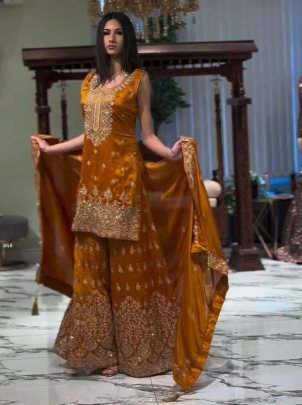 Georgette With Sequence Touch Beautiful Mustard Yellow Sharara Suit