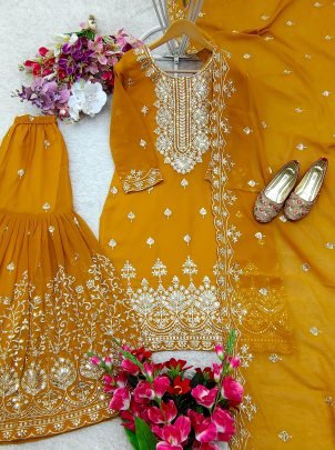 Georgette With Sequence Touch Beautiful Mustard Yellow Sharara Suit