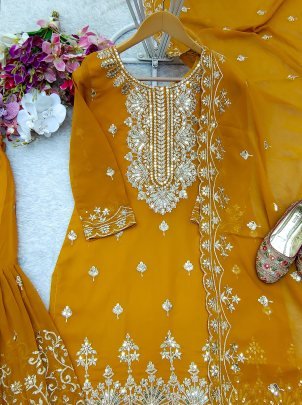 Georgette With Sequence Touch Beautiful Mustard Yellow Sharara Suit