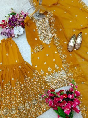 Georgette With Sequence Touch Beautiful Mustard Yellow Sharara Suit