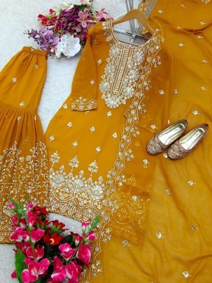 Georgette With Sequence Touch Beautiful Mustard Yellow Sharara Suit