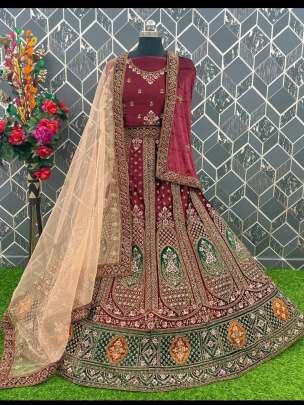 Glamorous Maroon Heavy Flower Embroidered Velvet Bridal Lehenga Choli