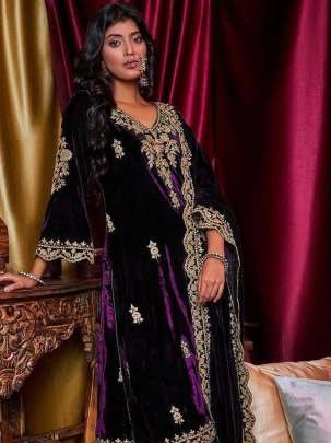 Glamorous Velvet  Embroidery Work Purple  Palazzo Suit